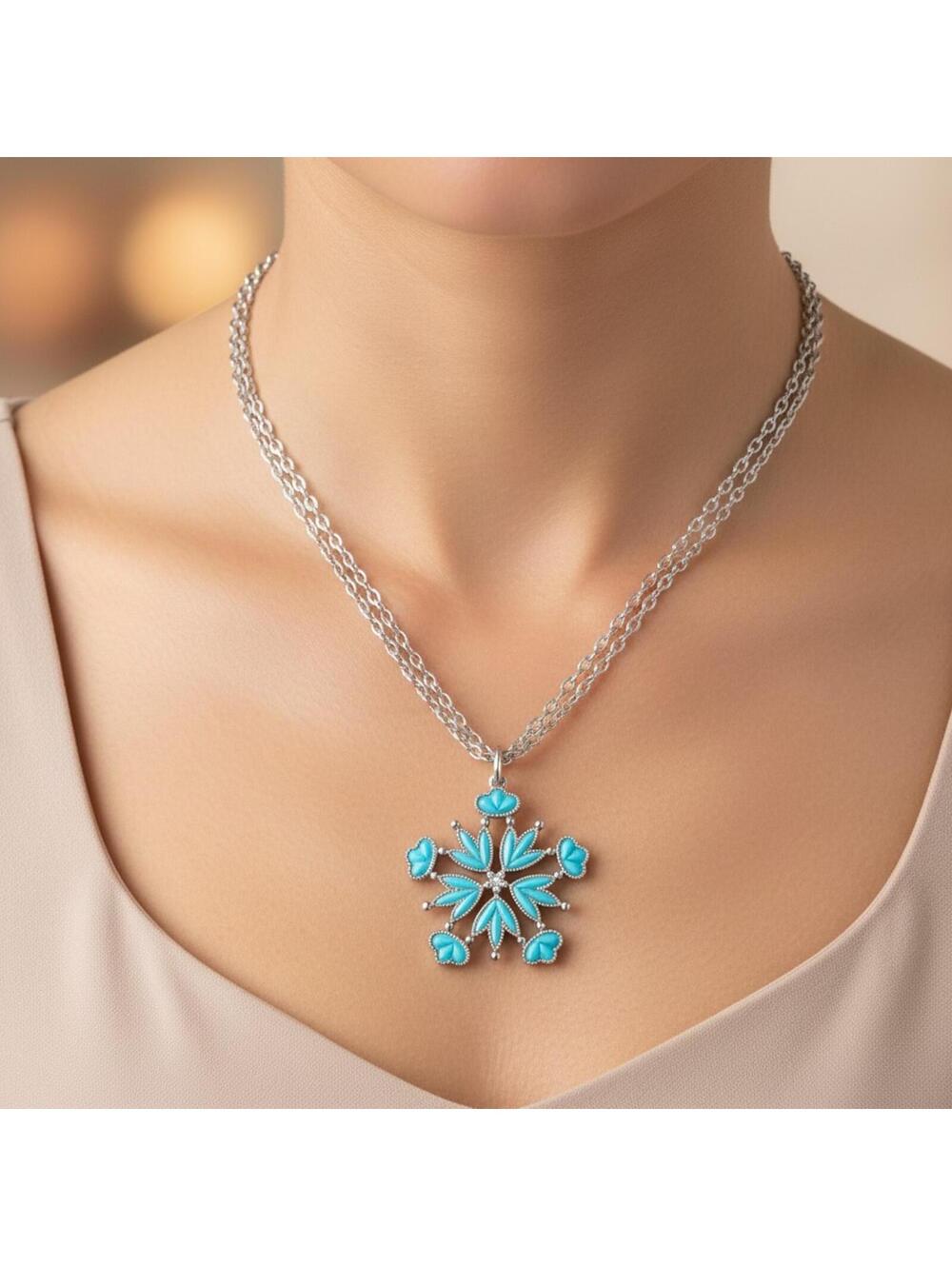 Vintage 24" Silver-Tone Faux Turquoise Starburst Pendant Necklace